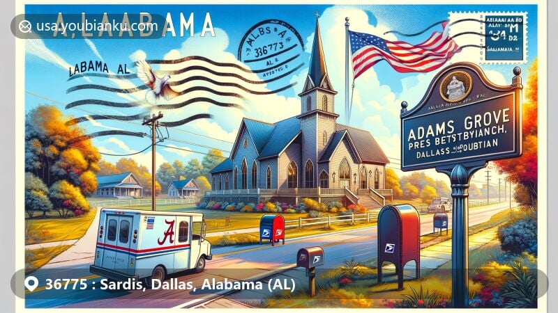 Vibrant illustration of Sardis, Dallas, Alabama (AL), with Adams Grove Presbyterian Church as the central point, surrounded by Alabama natural scenery. Features a postcard with ZIP Code 36775 and postmark 'Sardis, AL', Alabama state flag, mailbox, and postal van.