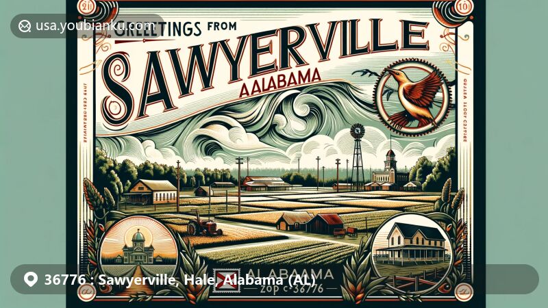 Stylized postcard illustration of Sawyerville, Alabama, emphasizing agricultural heritage and historic importance, featuring state symbols and ZIP code 36776.