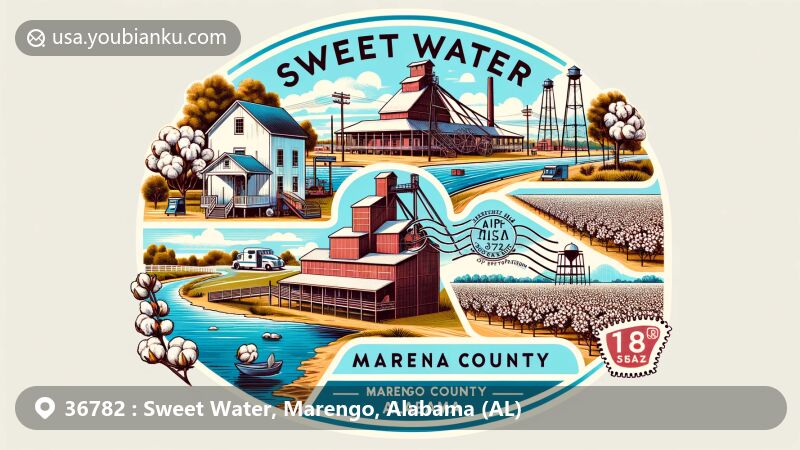 Modern illustration of Sweet Water, Marengo County, Alabama, blending postal elements with local landmarks like the Cotton Gin, cotton fields, and Sweet Water Creek.