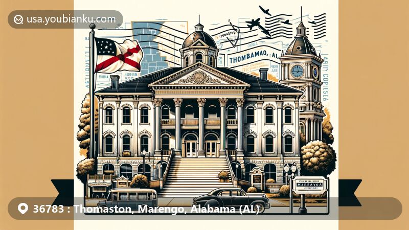 Modern illustration of Thomaston, AL, blending postal elements with regional history, featuring Thomaston's historic district and Colored Institute, set in a postcard format with the Alabama state flag backdrop.