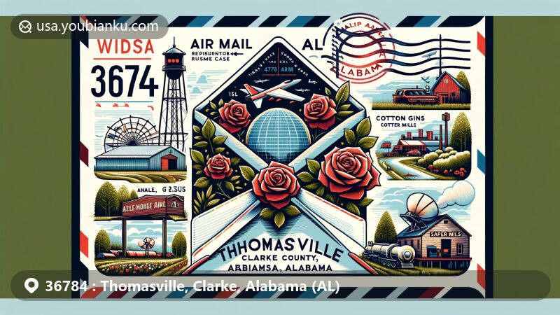 Modern illustration of Thomasville, Clarke County, Alabama, showcasing postal theme with ZIP code 36784, featuring key elements like roses representing 'The City of Roses', Highway 43, FPS-35 radar base, sawmills, cotton gins, paper mills, and Alabama state symbols.