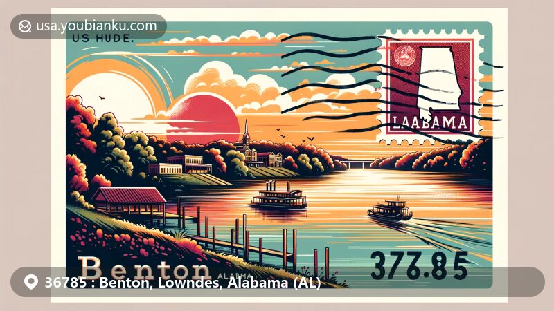 Modern illustration of Benton, Lowndes County, Alabama, featuring Alabama River and sunset backdrop, blending natural beauty and historical charm.