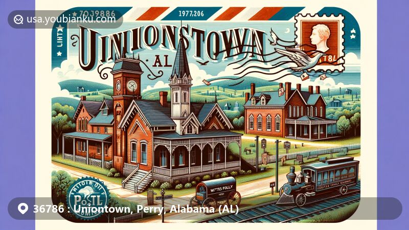 Modern illustration of Uniontown, Alabama, showcasing historic landmarks like Uniontown Historic District, Pitts Folly, Westwood Plantation, and Fairhope Plantation, in a vintage postcard design with postal theme.