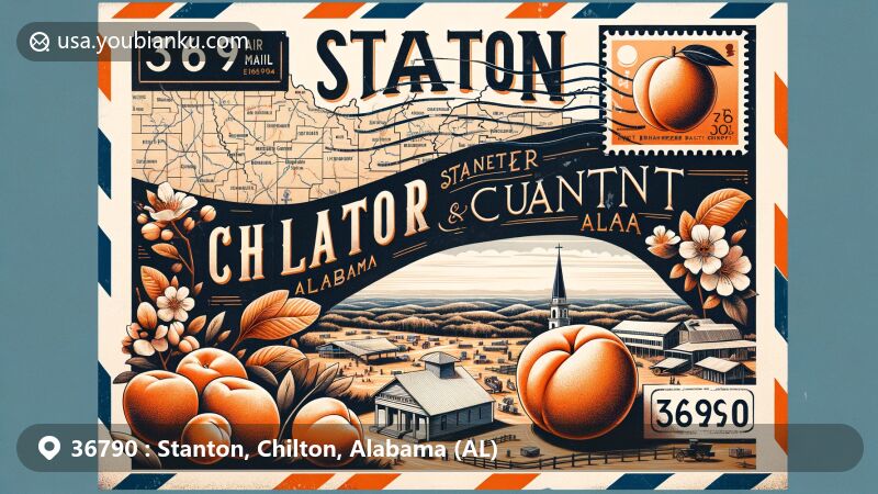 Modern illustration of Stanton, Chilton County, Alabama, with postal theme showcasing vintage air mail envelope featuring ZIP code 36790 and peach stamp, highlighting key features like Ebenezer Baptist Church and Battle of Ebenezer Church.
