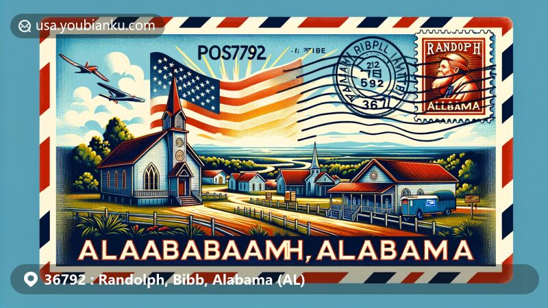 Modern illustration of Randolph, Alabama, displaying postal theme with ZIP code 36792, featuring a vintage airmail envelope and local landmarks, including the Baptist church and post office.