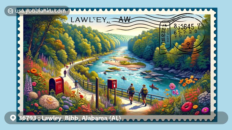 Modern illustration of Lawley, Alabama, featuring natural beauty and postal themes, encapsulating ZIP code 36793. The artwork includes Cahaba River, wildflowers, hikers, and a red mailbox, symbolizing the town's connection to postal services.