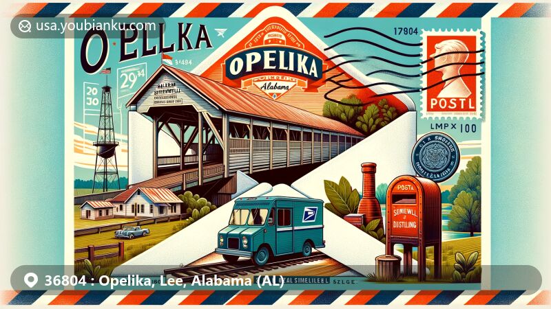 Modern illustration of Opelika, Alabama, showcasing postal theme with Salem-Shotwell Covered Bridge, John Emerald Distilling Company symbols, railroad elements, and ZIP code 36804, featuring classic postal car and traditional American mailbox.