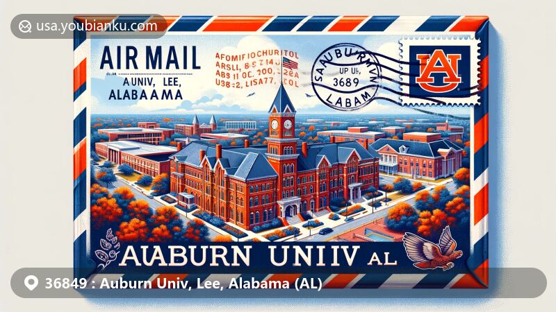 Modern illustration of Auburn University, Lee, Alabama, showcasing postal theme with ZIP code 36849, featuring iconic buildings and historic district, incorporating state flag and airmail envelope design.