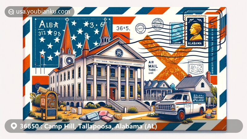 Modern illustration of Camp Hill, Alabama, featuring Southern Preparatory Academy, First Universalist Church, and elements of the Alabama state flag in a creative postcard design with postal elements like stamps, postmark with ZIP Code 36850, and postal symbols.