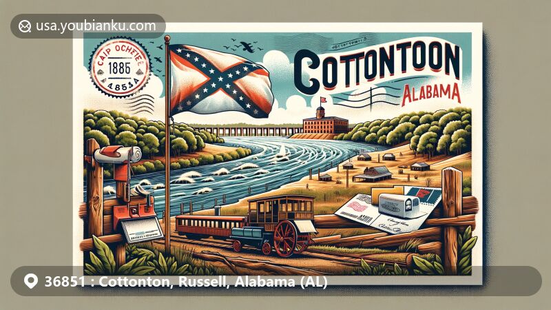 Modern illustration of Cottonton area, Alabama, blending natural beauty, historical landmarks, and postal themes, featuring ZIP Code 36851, Chattahoochee River, Fort Mitchell historic site, and Alabama state flag.