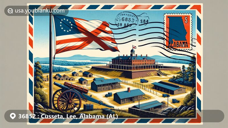 Modern illustration of Cusseta, Alabama, featuring vintage postcard aesthetics with airmail envelope border and Fort Cusseta as a historical landmark. Alabama state flag in the background, highlighting ZIP code 36852 and the area's heritage.