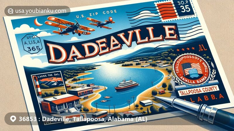 Modern illustration of Dadeville, Tallapoosa County, Alabama, featuring Lake Martin, Tallapoosa River, and Tallapoosee County Historical Museum, with a postal theme and ZIP code 36853.