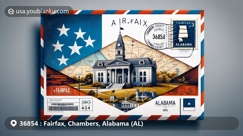 Modern illustration of airmail envelope from Fairfax Historic District in Chambers County, Alabama, with detailed stamp featuring ZIP code 36854 and map outline, showcasing regional and postal themes.