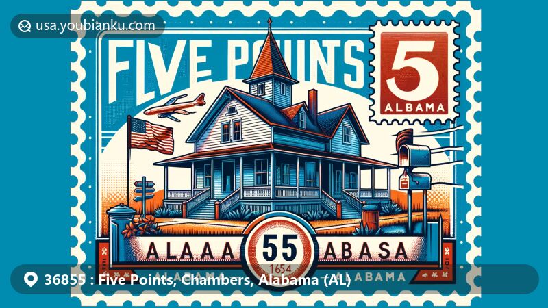 Modern illustration of Five Points, Alabama, featuring the Charlie F. Higgins Farmhouse, a landmark listed in the Alabama Register of Landmarks and Heritage, with elements of the Alabama state flag, vintage postcard motif, and postal accents.