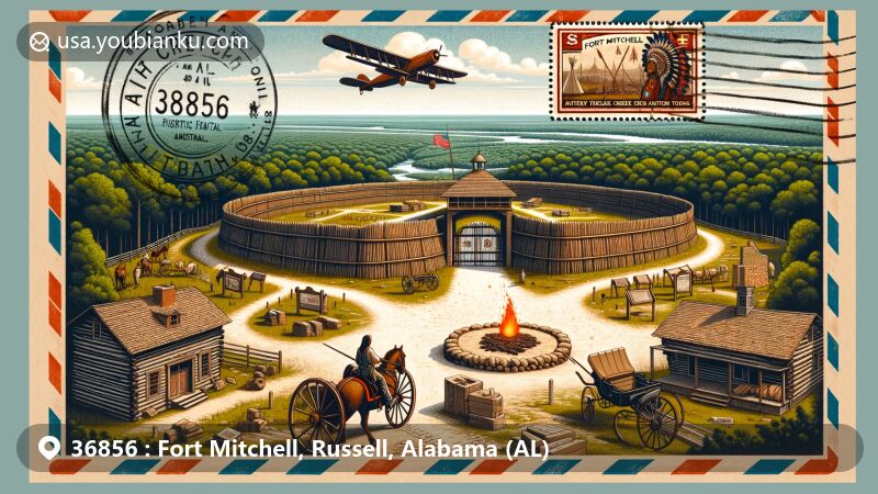 Vintage-style illustration of Fort Mitchell, Russell County, Alabama, featuring the reconstructed 1813 stockade fort and symbols of the Creek War, including a ceremonial flame memorial and the Trail of Tears.