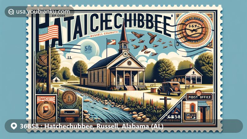 Modern illustration of Hatchechubbee, Russell County, Alabama, featuring Uchee Methodist Church and scenic natural elements, capturing rural charm with postal theme for ZIP code 36858.