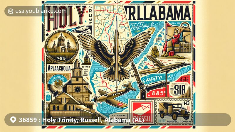 Modern illustration of Holy Trinity, Russell County, Alabama, highlighting the ZIP code 36859, featuring the Apalachicola Fort Site and vintage postal elements.