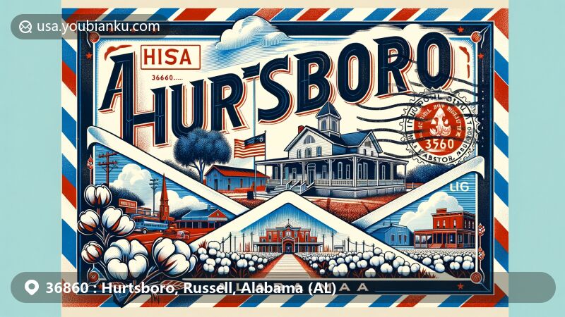 Modern illustration of Hurtsboro, Alabama, featuring a vintage airmail envelope with red and blue borders, showcasing landmarks like the Joel Hurt House and Hurtsboro Historic District, Alabama state flag, and ZIP code 36860.