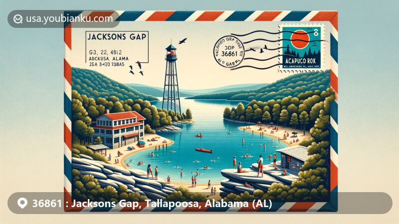 Modern illustration of Jacksons Gap, Alabama, highlighting Lake Martin and Acapulco Rock, with vintage airmail envelope featuring Smith Mountain Fire Tower and ZIP code 36861.