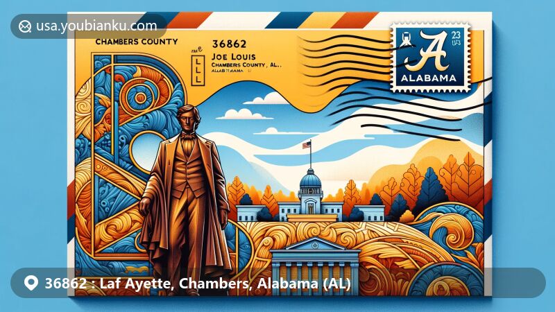 Elegant illustration of Chambers County, Alabama, blending postal theme with ZIP code 36862 and Lafayette, featuring Joe Louis statue and Alabama's natural scenery.