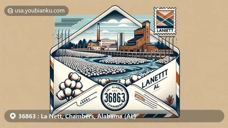 Modern illustration of Lanett, Chambers County, Alabama, featuring a creative airmail envelope design with cotton mills, Chattahoochee River outline, and Alabama state flag.