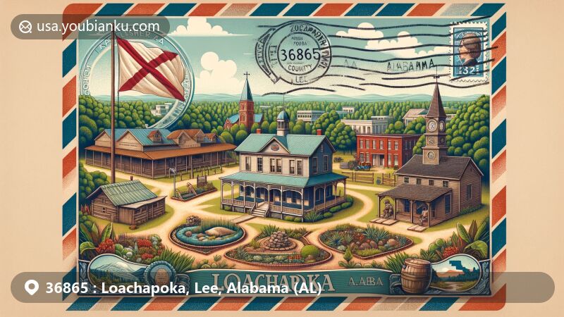 Vintage-style illustration of Loachapoka, Alabama, showcasing Pioneer Park, Loachapoka Historic District, and Alabama state pride with airmail envelope and postal stamp.