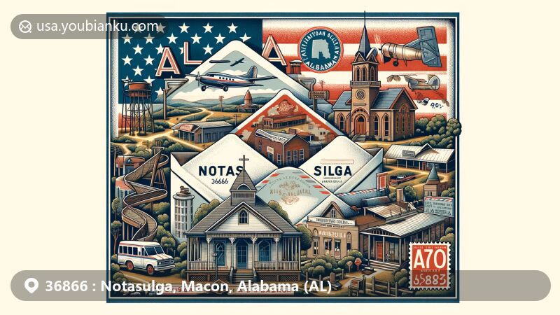 Vintage-style illustration of Notasulga, Alabama, with airmail envelope featuring Shiloh Missionary Baptist Church and Shiloh Rosenwald School, emphasizing historical and cultural heritage, including Zora Neale Hurston's influence and Alabama state flag.
