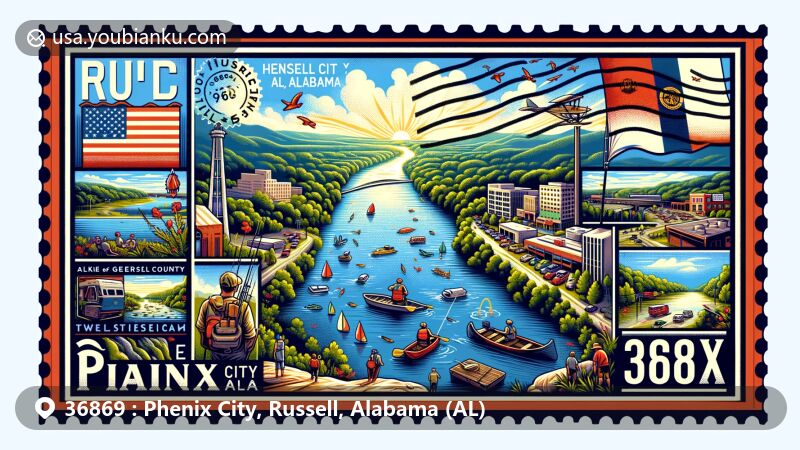Modern wide-format illustration of Phenix City, Russell, Alabama, showcasing Chattahoochee River and outdoor activities like fishing and camping, with postal theme including Alabama state flag and postal elements.