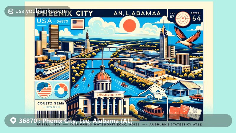 Modern illustration of Phenix City, Lee County, Alabama, featuring natural beauty, educational institutions, and connections to Columbus, Georgia, with Chattahoochee River and Russell County Courthouse.