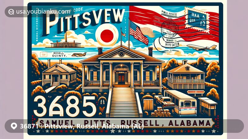 Modern illustration of Pittsview, Russell, Alabama, blending local landmarks with postal themes, showcasing the Samuel R. Pitts Plantation and Glenn-Thompson Plantation in Greek Revival style. Includes Alabama state flag, vintage postage stamp with ZIP code '36871' and postal elements, creating a rich historical narrative.