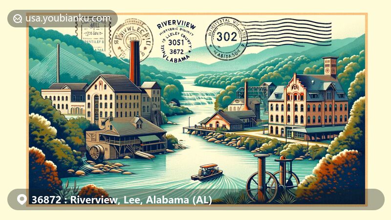 Modern illustration of Riverview, Lee County, Alabama, showcasing postal theme with ZIP code 36872, featuring the Riverview Historic District, Riverdale Mill, and vintage postage stamp.