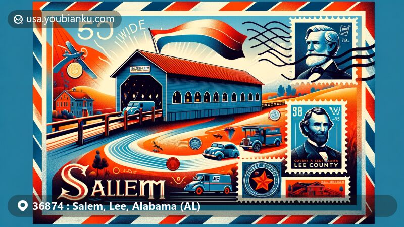 Modern illustration of Salem, Alabama, featuring postal theme with Salem-Shotwell Covered Bridge, Alabama state flag, and postal symbols, set against lush natural backdrop.
