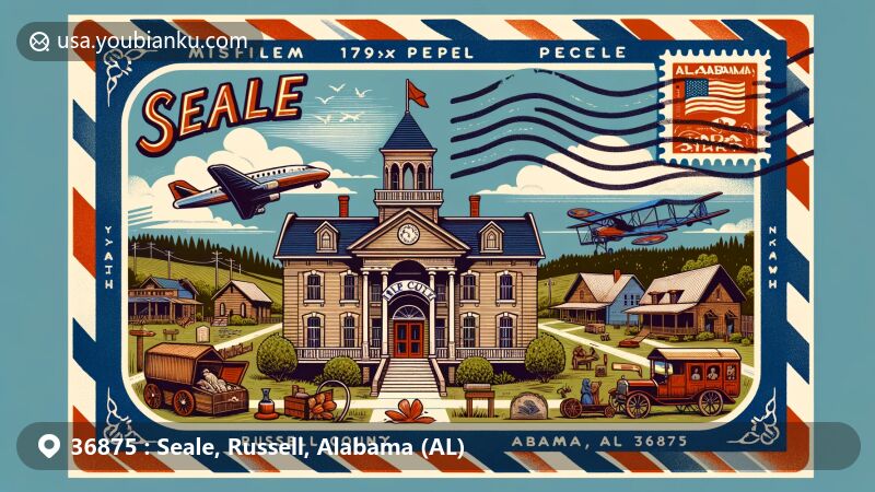 Modern illustration of Seale, Alabama, with ZIP code 36875, featuring old Russell County courthouse, local folk art and antiques, and natural beauty of southeastern Alabama.