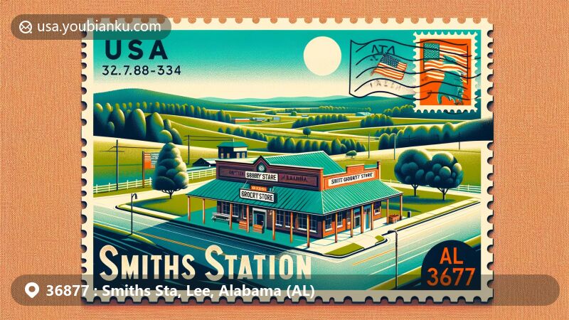 Modern illustration of Smiths Station, Alabama, showcasing Jones Grocery Store historic building now a museum with ZIP code 36877, symbolizing town's rich history and community spirit.