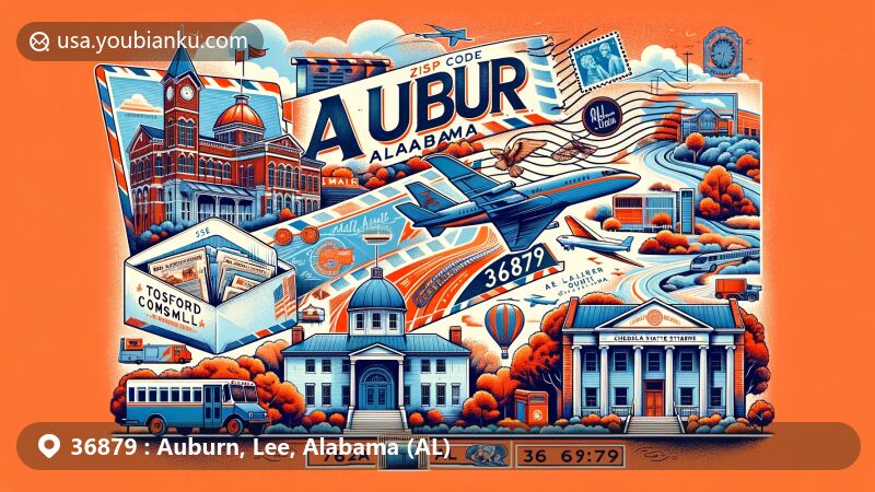 Modern illustration of Auburn, Alabama, showcasing iconic landmarks like Samford Hall, Toomer's Corner, Jordan-Hare Stadium, the Jule Collins Smith Museum of Fine Art, and Chewacla State Park, in a postal-themed design with ZIP code 36879.