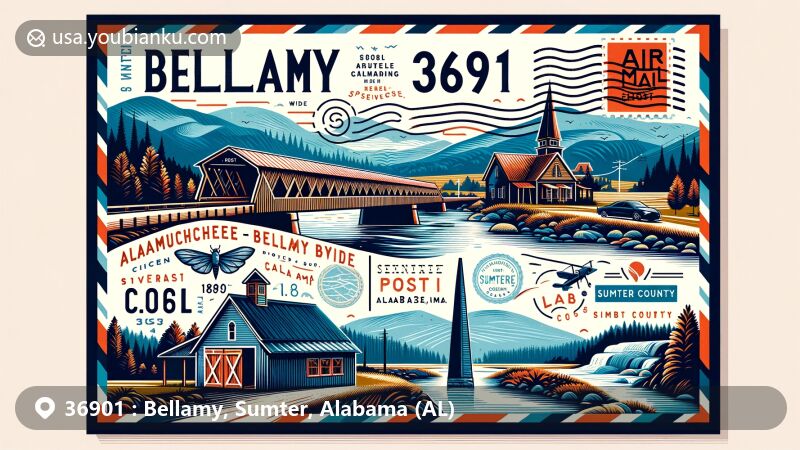 Modern illustration of Bellamy, Sumter County, Alabama, featuring Alamuchee-Bellamy Covered Bridge and historic Bellamy Post Office, with artistic air mail envelope border and subtle natural elements.
