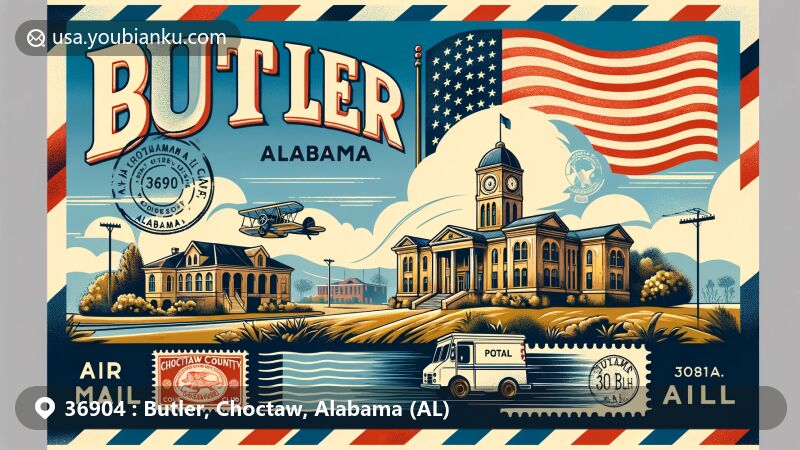 Modern illustration of Butler, Alabama, capturing the essence of ZIP code 36904, featuring iconic landmarks like Choctaw County Courthouse and Choctaw Country Club enveloped in vintage air mail aesthetic.