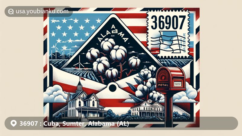 Modern illustration of Cuba, Sumter County, Alabama, featuring vintage airmail envelope with ZIP code 36907, showcasing Alabama state flag, Sumter County outline, and local symbols like cotton plants and Ward-Ganguet-Gray House.