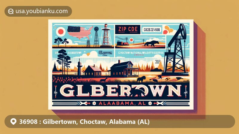 Modern illustration of Gilbertown, Choctaw County, Alabama, capturing the essence of rural scenery, Alabama's first oil well, and Choctaw County's natural beauty.