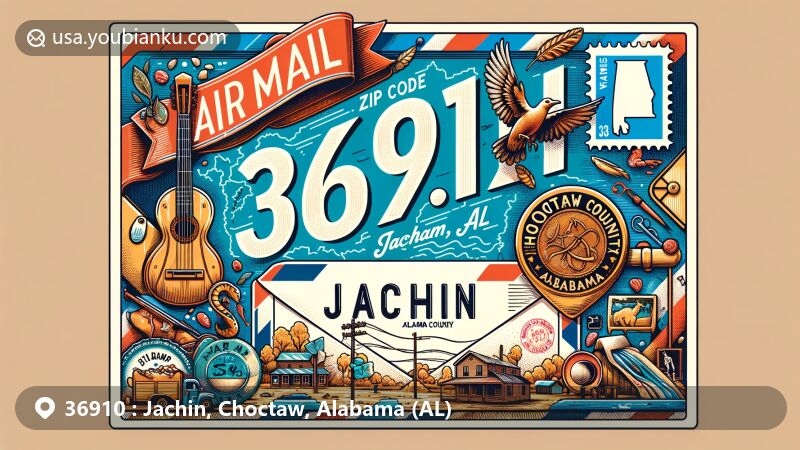 Modern illustration of Jachin, Choctaw County, Alabama, highlighting postal theme with ZIP code 36910 and Alabama state flag stamp.