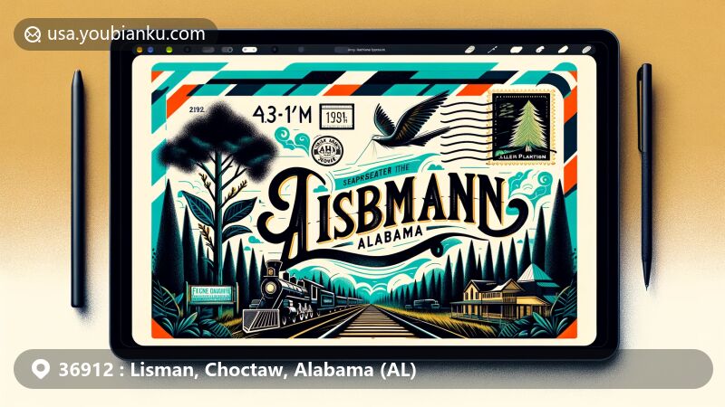 Modern illustration of Lisman, Choctaw County, Alabama, centered around an airmail envelope with ZIP code 36912, featuring symbolic landmarks like Allen Plantation, 19th-century railroad, and pine forests.
