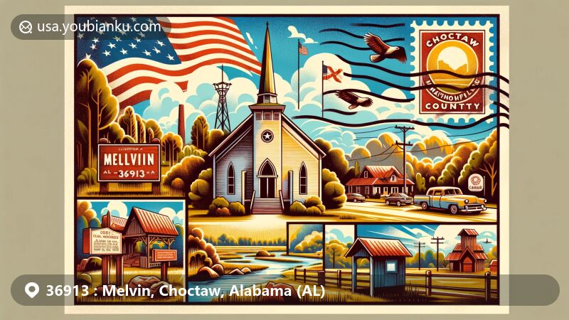 Modern illustration of Melvin, Choctaw County, Alabama, showcasing postal theme with ZIP code 36913, featuring Choctaw National Wildlife Refuge, Mount Sterling Methodist Church, vintage postal elements, and Alabama state symbols.