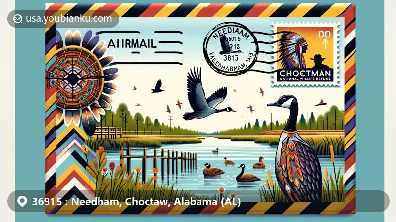 Modern illustration of Choctaw National Wildlife Refuge featuring marshland scenery and waterfowl, adorned with Choctaw basket pattern and silhouette of Chief Pushmataha. Stamp showcases Alabama state flag, with postmark stating '36915 Needham, AL'.