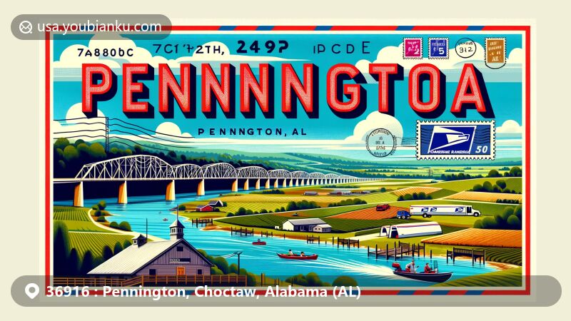 Modern illustration of Pennington, Choctaw County, Alabama, showcasing rural landscape with hills and farmlands, Naheola Bridge, and Tombigbee River activities, complemented by postal elements like postcard border, stamps, postal vehicle, and ZIP code 36916.