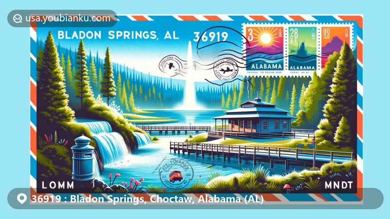 Modern illustration of Bladon Springs State Park, Alabama, capturing the beauty of mineral springs and postal theme with ZIP code 36919, featuring a postcard design with vibrant stamp and postmark.