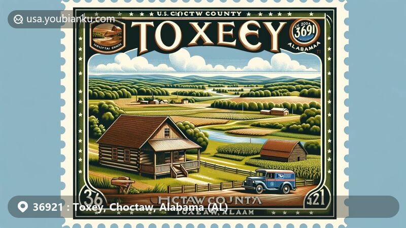 Modern illustration of Toxey, Choctaw County, Alabama, featuring agriculture, Denton and Mattie Mosley log cabin, and vintage postal elements with ZIP code 36921.