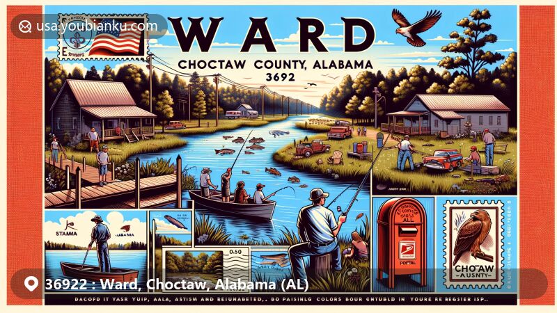 Modern illustration of Ward, Alabama, in ZIP code 36922, blending postal and regional elements, featuring natural beauty, fishing, camping, Choctaw National Wildlife Refuge, vintage postcard layout with Alabama state flag stamp, postmark 'Ward, AL 36922,' and red mailbox.