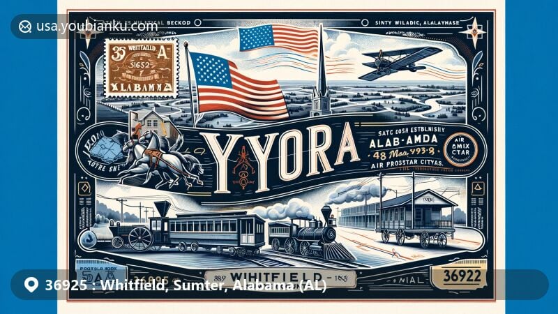 Modern illustration of York, Sumter County, Alabama, showcasing postal theme with ZIP code 36925, featuring Alabama state flag, Sumter County outline, and Noxubee River elements.