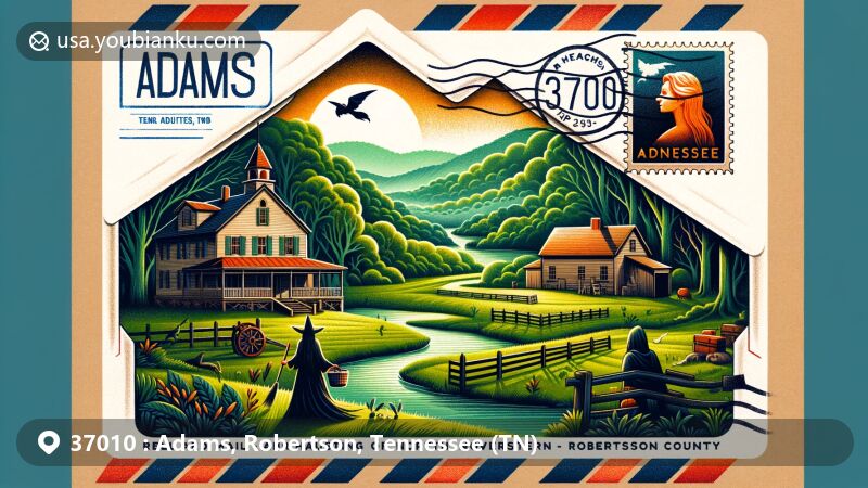 Modern illustration of Adams, Robertson County, Tennessee, showcasing postal theme with ZIP code 37010, featuring Red River landscapes, Bell Witch haunting, and Tennessee state flag.