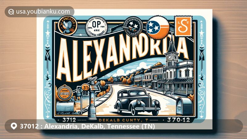 Modern illustration of Alexandria, DeKalb County, Tennessee, with postal theme featuring ZIP code 37012, showcasing Tennessee symbols and DeKalb County elements.